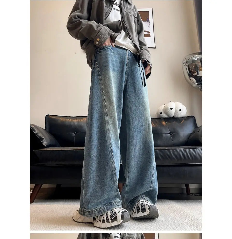 Threebooy American style personality trend men and women straight leg spring and autumn washed jeans couple loose retro casual pants y2k