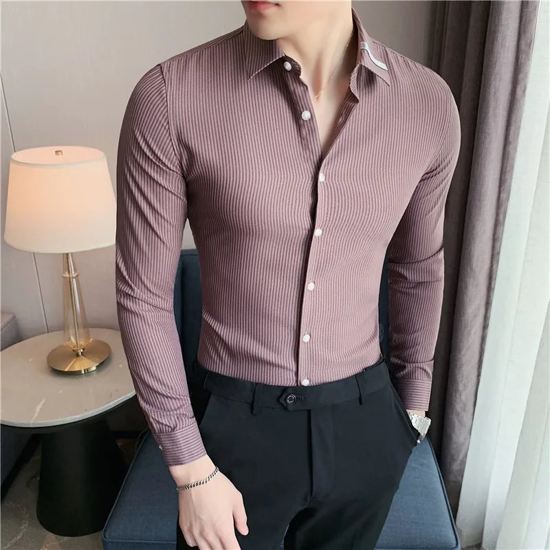 Threebooy  Cheap Business Men Shirt Brand Fashion Long Sleeve Shirt Men All Match Slim Fit Striped Shirts Men Formal Wear Blouse Homme