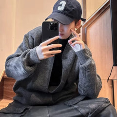 Threebooy  Winter Korean Fashion Slanted Button Cardigan For Man Casual Loose V-neck Knitted Sweaters High Street Y2K Knitwear Jacket