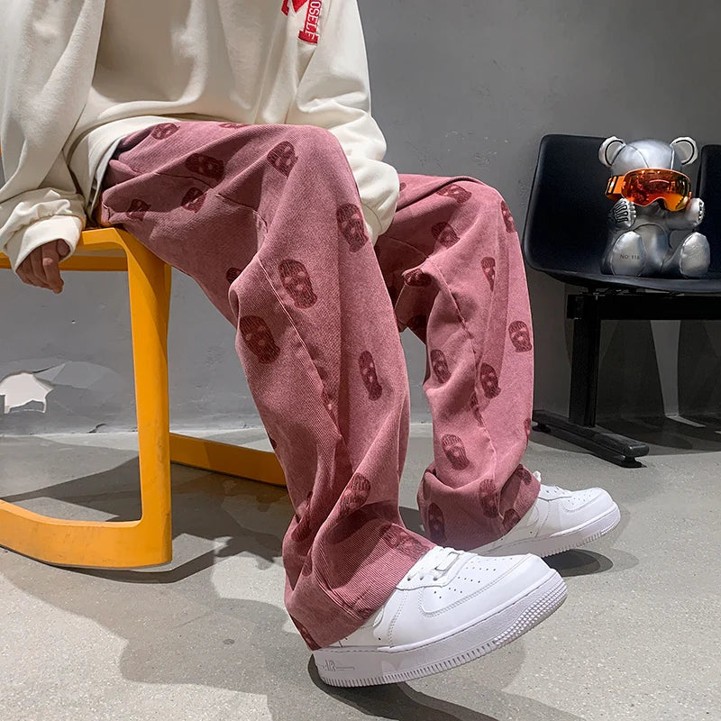 Threebooy Baggy Corduroy Men Wide Pants Spring Fashion Design Print Trousers Hiphop Straight Sweatpants Oversized Bottoms Man Y2k Clothes