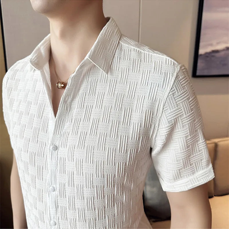 Threebooy Korean Style Men's Summer Casual Short-sleeved Shirts/Male Slim Fit Pure Color Plaid High Quality Shirts Plus Size S-4XL