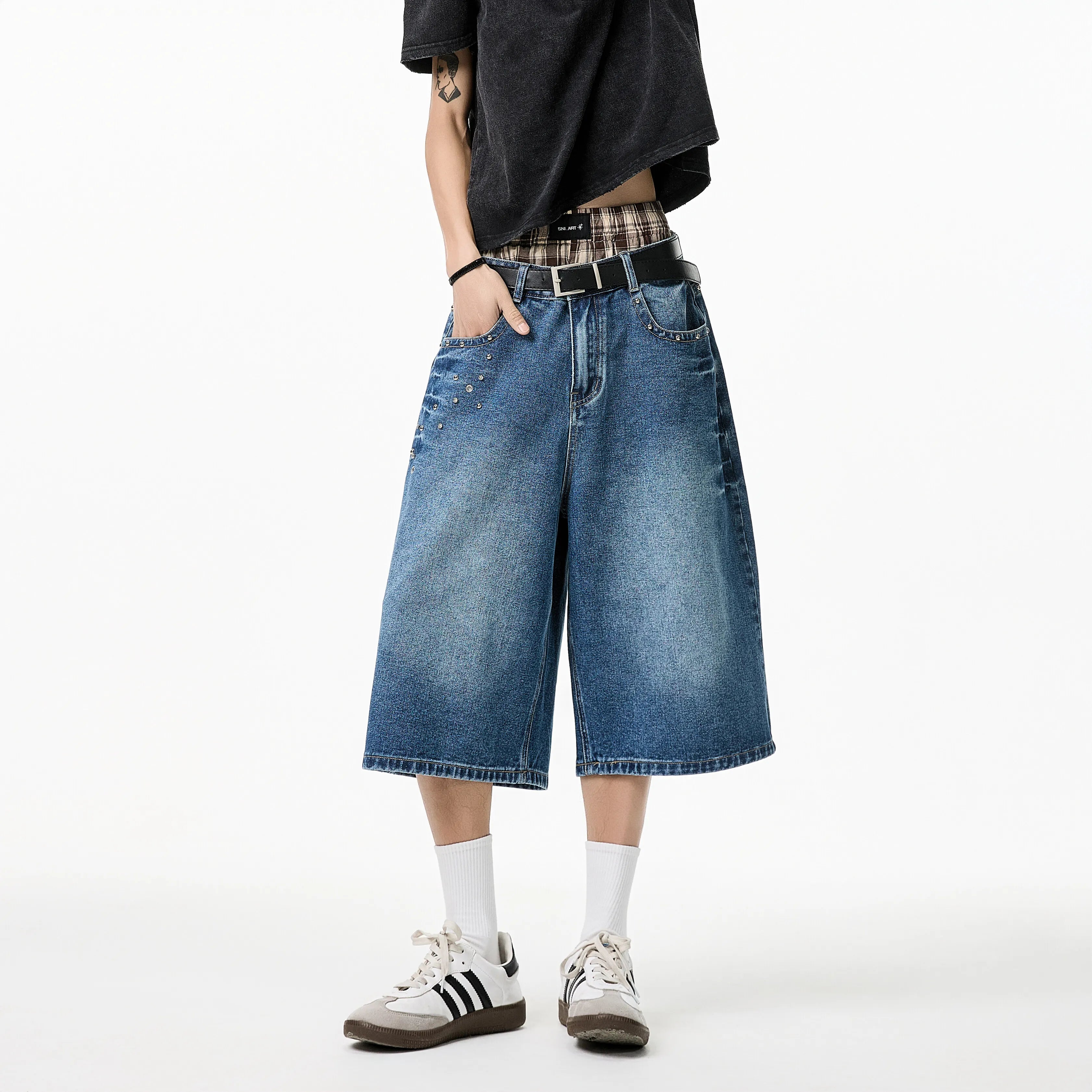 Threebooy Mens Calf length jeans Loose Fit Summer Studded Rivet Casual Streetwear Lightweight Comfort Cool Trendy 2023 Fashion weid leg