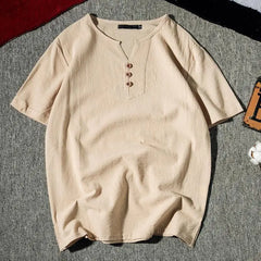 Threebooy  Men's Short Sleeve Henley Shirt Casual Loose Fit Solid Color Button Placket Comfortable Daily Fashion Top
