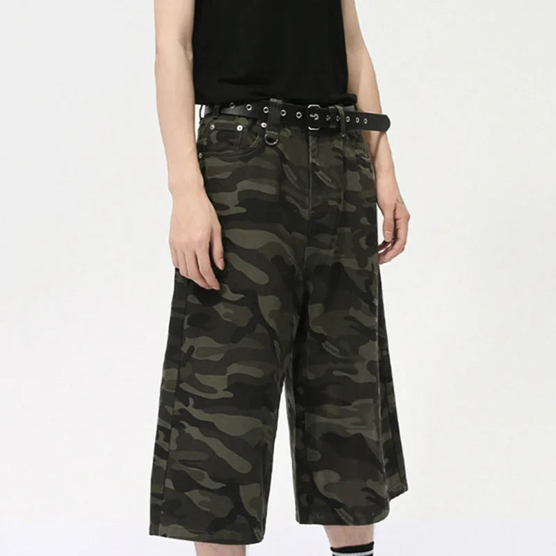 Threebooy  American Style Men's Shorts Camouflage Calf-Length Pants Straight Wide Leg Male Short Jeans Summer Fashion Bottom