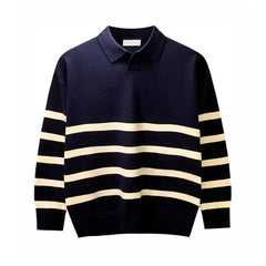 Threebooy  Autumn Simple Lapel Striped Sweater For Men Casual Vintage Korean Fashion Knitwear Top New Y2K Loose Knitted Pullover Jumper