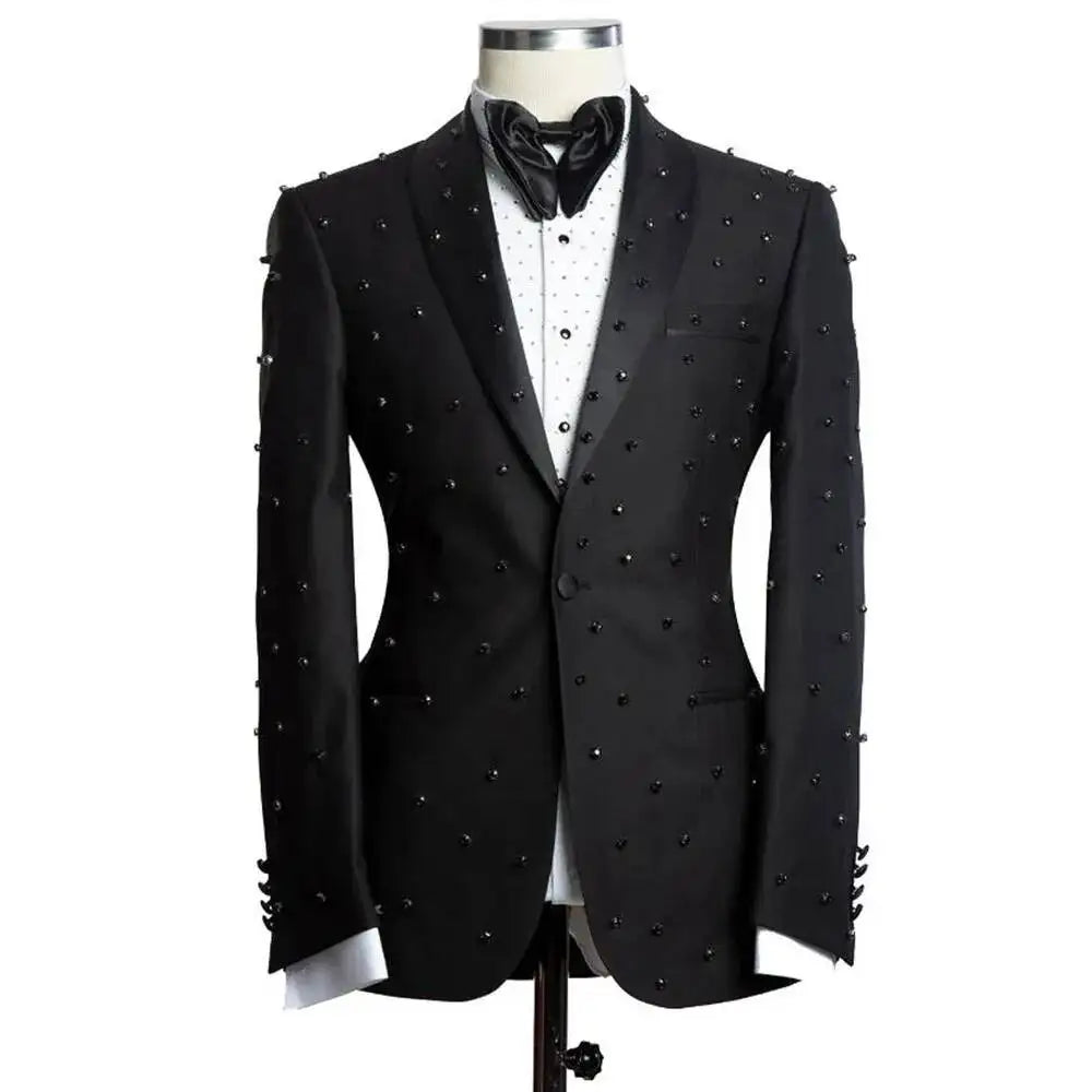Threebooy  Fashion Black Man Beaded Suits Single Breasted 2 Pieces Formal Groom Wedding Slim Fit Tuxedos Customized Male