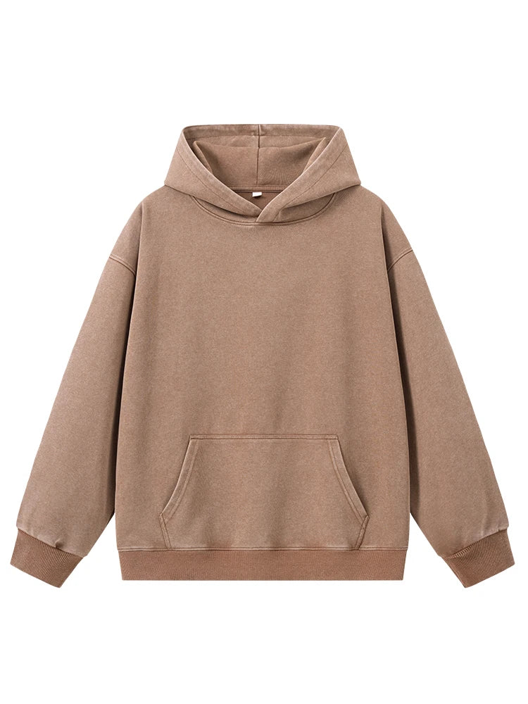 Threebooy Men's Washed Hoodies 330GSM Cotton Polyester Knit Pullover Oversized Tops Loose Fit Y2K Street Faded Hoody Sweatshirts
