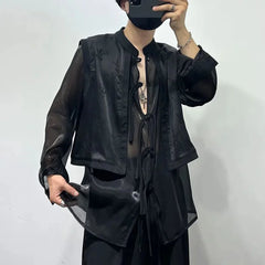 Threebooy Summer Dark Shirt Men Fashion Fake Two Piece Vest Stitching See Through Shirts Trendy Streetwear Long Sleeve Stand Collar Blouse