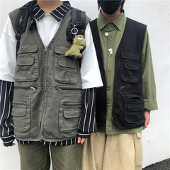 Threebooy Cargo High-end Vest Korean Style Streetwear Japanese Retro Functional Multi-pocket Work Solid Color Pocket Vest Jacket Aesthetic