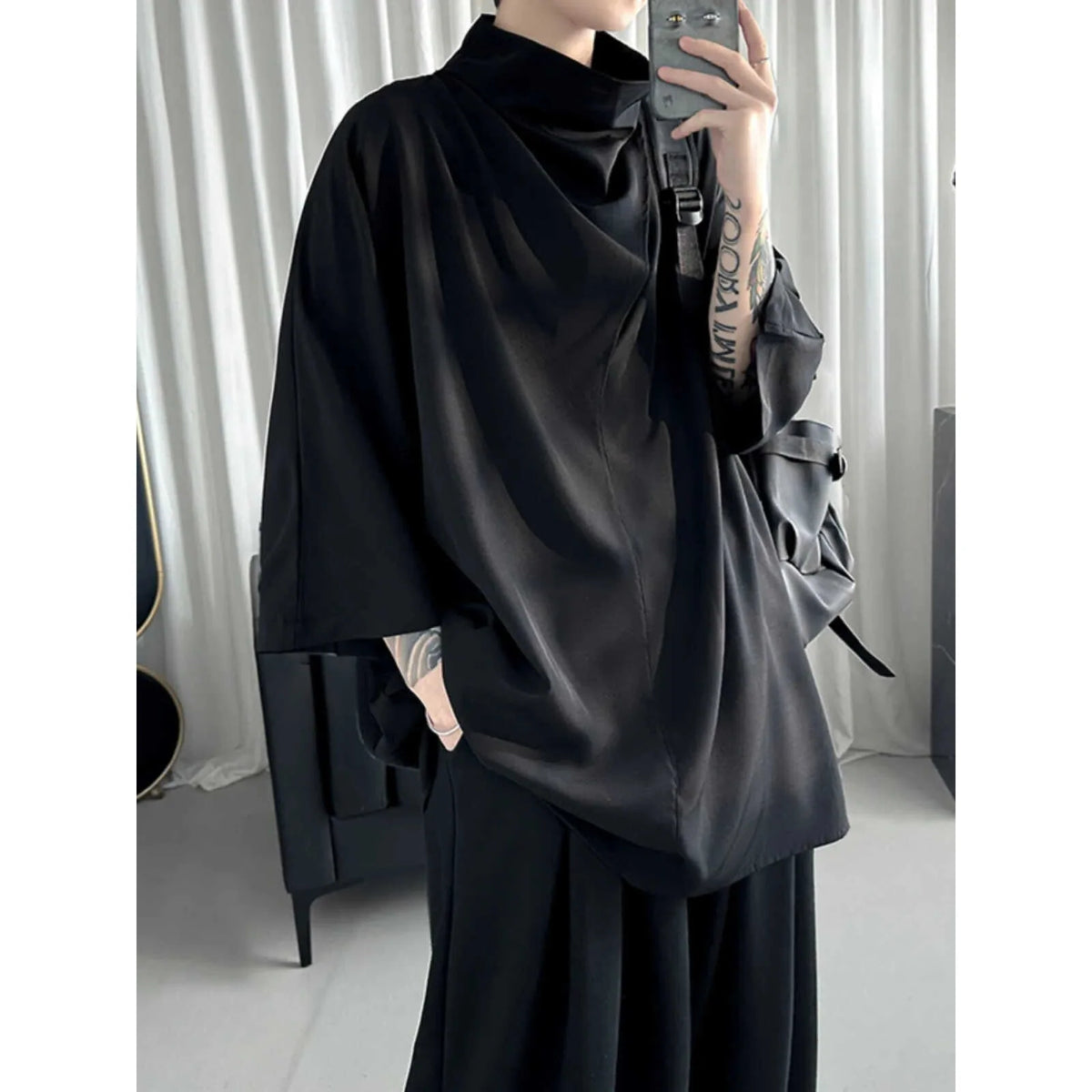 Threebooy  Summer Pile Collar Solid Color Loose Casual Fashion Shirt Male 3/4 Sleeve Black All-match Harajuku Y2K Blouse Men Streetwear Top
