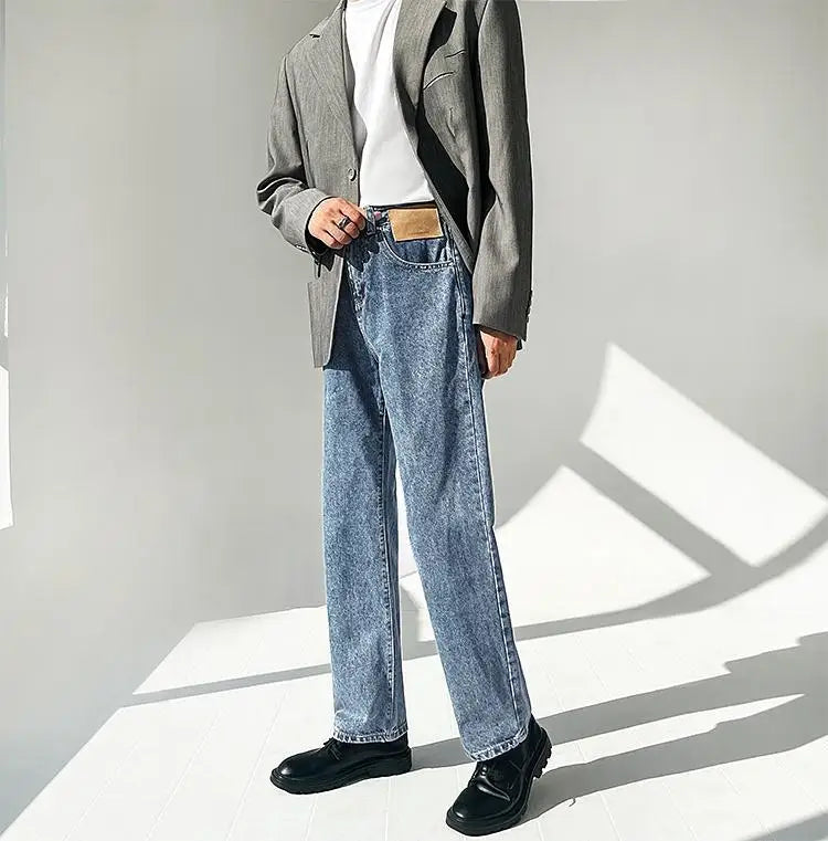 Threebooy  Minimalist Style High-end Jeans Men's Trousers Solid Color Loose Straight Denim Pants Male Draped Dark Blue Trousers