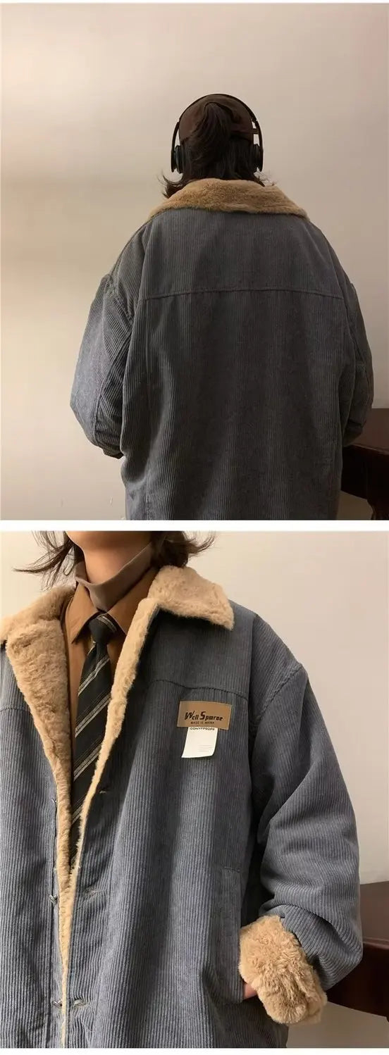 Threebooy Men's Retro Corduroy Padded Jacket Women Winter Loose Casual Thickened Cotton Turndown Collar Single-breasted Long Sleeves Tops