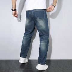 Threebooy New Fashions Loose Men's Ripped Jeans Dark Blue Soft Pants Streetwear Loose Hip Hop Straight Hole Denim Trousers Male