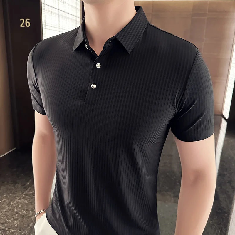 Threebooy Korean Style Men's Summer High Quality Elastic Force Ice Silk Polo Shirts/Male Slim Fit Stripe Casual Polo Shirts 4XL