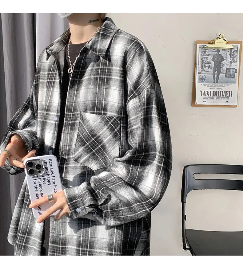 Threebooy Harajuku Long Sleeve Plaid Shirts Men Big Size M-5XL Autumn Chic Loose Vintage High Street All-match Gentleman Camisa
