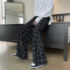 Threebooy Check Trend Plaid Baggy Trousers For Men Loose Classic Korean Style Designer Clothes Big Size Harajuku Fashion Casual Pants Man