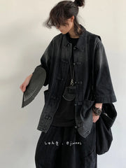 Threebooy New Summer New Chinese Style Old Denim Short-sleeved Shirt Korean Style Men Women Loose Retro Button-up Shirt Jacket Aesthetic