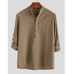 Threebooy All Seasons Men's Casual Loose Cotton Hemp Long Sleeve Shirt
