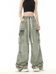 Threebooy Hip hop retro high street men and women trendy personalized washed workwear jeans for couples loose straight leg casual pants