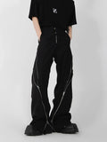 Threebooy American trendy brand men black zipper design slit slightly flared pants vertical feeling straight casual pants retro trousers