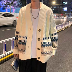 Threebooy  New Autumn and Winter Fashion Academy Style V-neck Printed Single Breasted Loose Casual Oversize Men's Sweater Cardigan