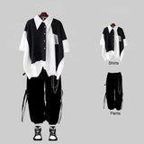Threebooy New Men Streetwear Two-piece Suit Splice Chain Long Sleeve+Ribbon Chain Pants Harajuku Cargo Pants 2 Piece Sets Mens Outfits