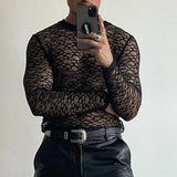 Threebooy Mens Lace Perspective Hollow Sports Fitness Slim Long-Sleeved Top Autumn Sexy Nightclub Breathable Bottoming Shirt For Men