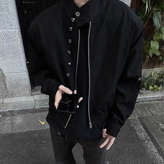 Threebooy American Retro Multi-button Stand Collar Design Jacket Men Korean Hip Hop Coat High Street Hip-hop Solid Color Classic Jacket