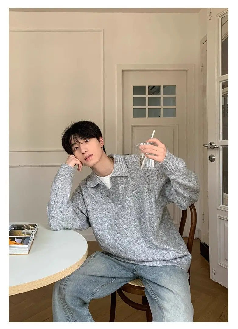 Threebooy Korean style spring and autumn men and women trendy street collar pullover sweater for couples loose retro street casual simple