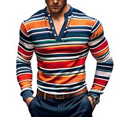 Threebooy  Mens Fashion  Shirts Casual Long Sleeve Shirts Striped V Neck Colorful Blouses Undershirts Tops