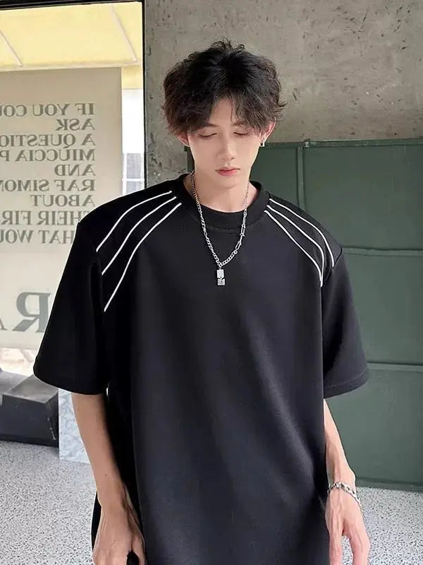 Threebooy  Deconstructed Line Short-sleeved T-shirt Men's Summer Design Sense High-end High Street Fashion Brand Handsome Five-point