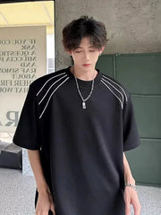 Threebooy  Deconstructed Line Short-sleeved T-shirt Men's Summer Design Sense High-end High Street Fashion Brand Handsome Five-point