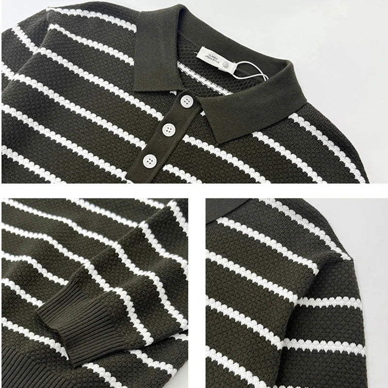 Threebooy  New American Trendy Men Polo Neck Sweaters Light Luxury Striped Knit Long Sleeve Pullover Tops High Quality Loose Knitwear M-3XL