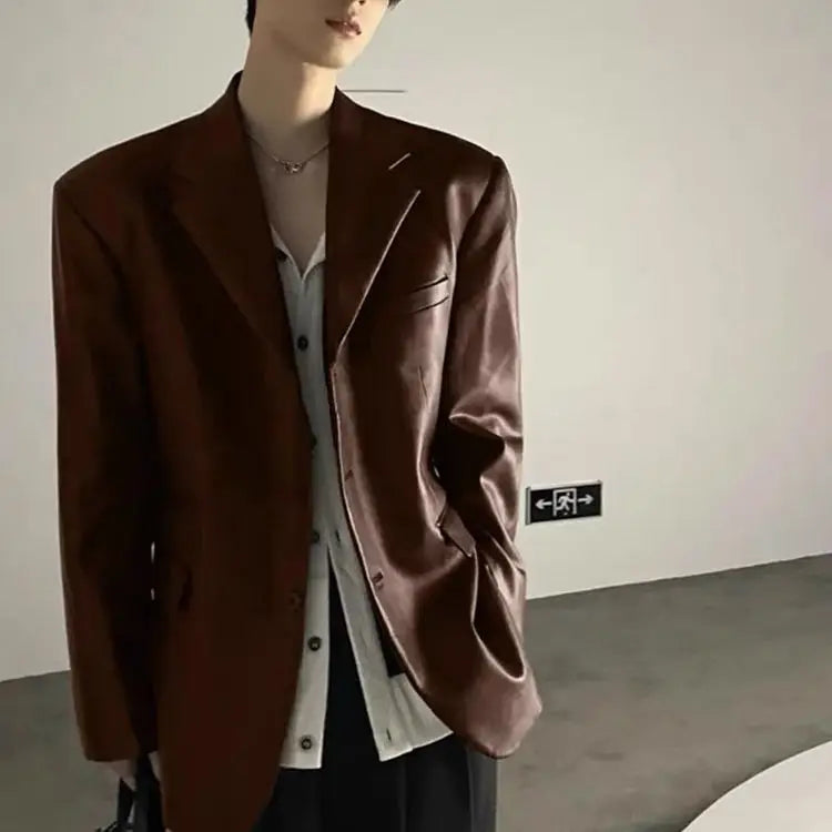 Threebooy American Leather Jacket Retro Outfit Handsome High-end Men's Niche Shoulder Pad Suit Black PU Leather Jacket Chic Streetwear
