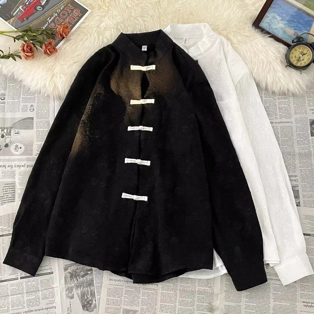 Threebooy Chinese Style Blouse Buckle Stand Collar Shirt Korean 2025 Summer New Trend Embroidered Pattern Vintage Shirt Jacket