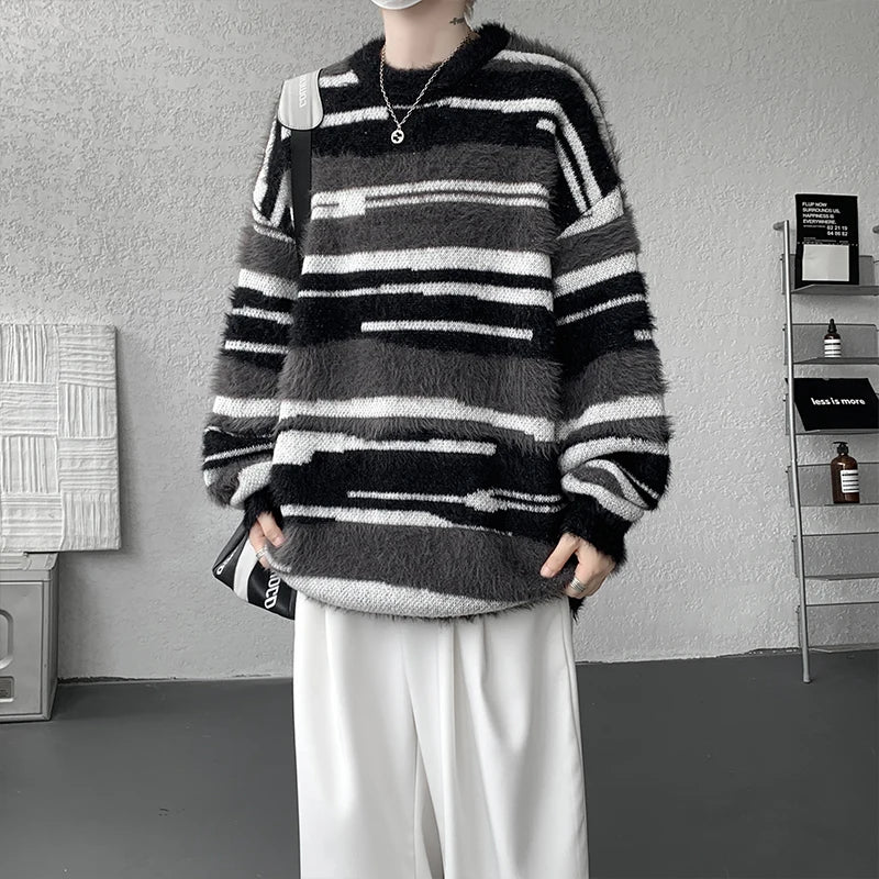 Sweater men new Stripes loose Turtleneck sweater 2025 Autumn winter warm Knitted sweater man street fashion