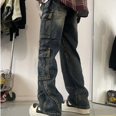 Threebooy  Men's Patchwork Blue Cargo Jeans Unisex Straight Casual Trousers Men Muti-pockets Hip Hop Streetwear 90s Vintage Fashion Pants