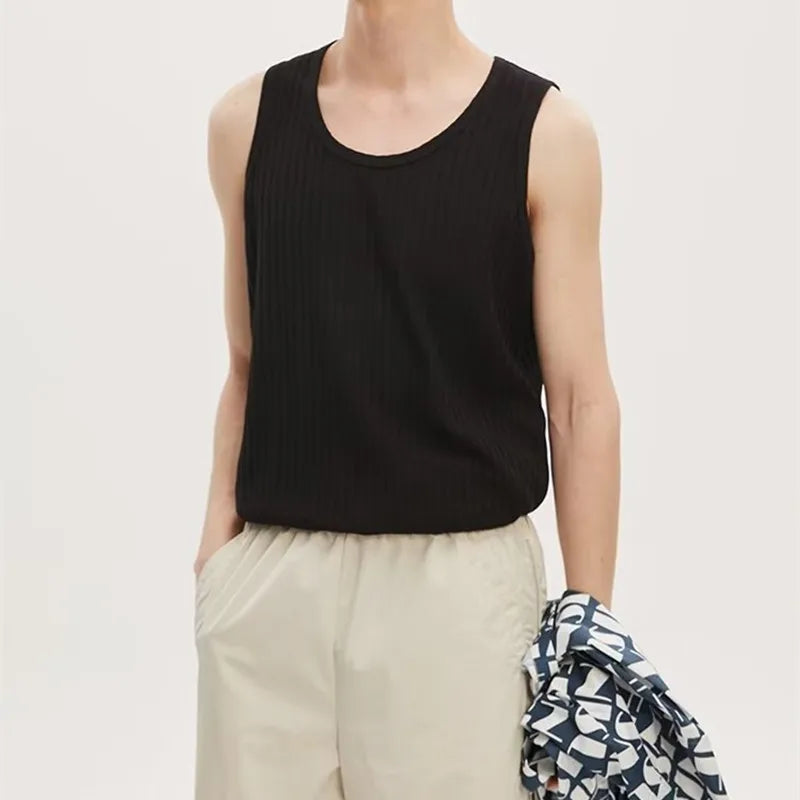 Threebooy Summer Men's Solid Stripe Loose Tank Top Korean Fashion Sleeveless T-shirts For Men Vest