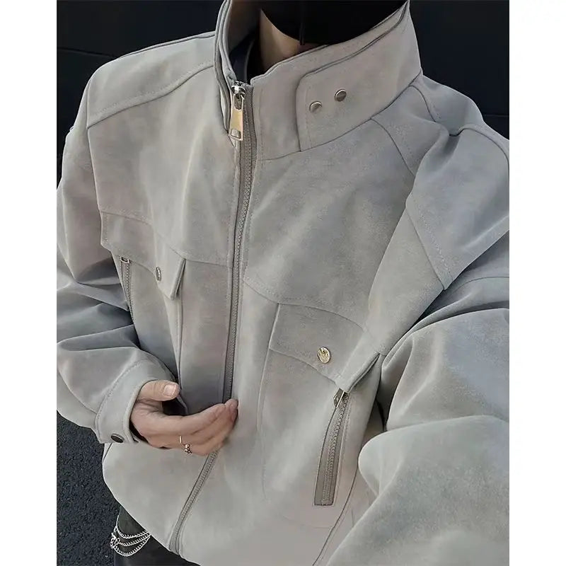 Threebooy Street Zipper Jacket High-end Handsome Stand-up Collar Coat American 2025 Retro Handsome Work Jacket Loose Top Urban