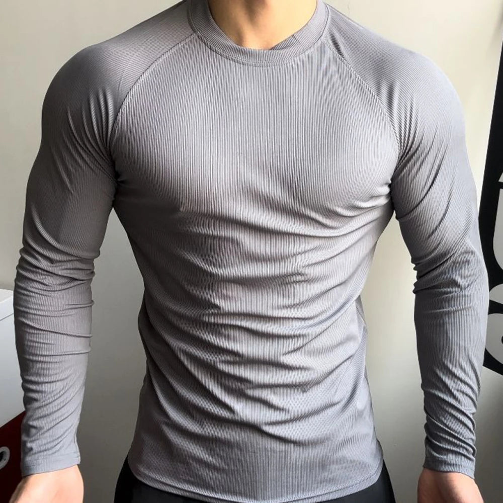 Threebooy Mens T-Shirt Stretch Gym Sports T-Shirt Fashion All-Match Solid Color Tight Fitness Comfort Long-Sleeved Top Men'S Clothing