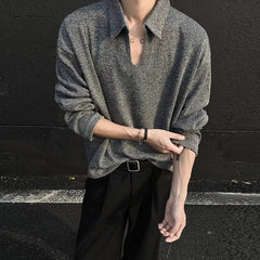 Threebooy  New American Retro Men Polo Shirt Luxury Knitted Solid Color V Neck Long Sleeve T-shirt Casual Premium Quality Textured Knitwear