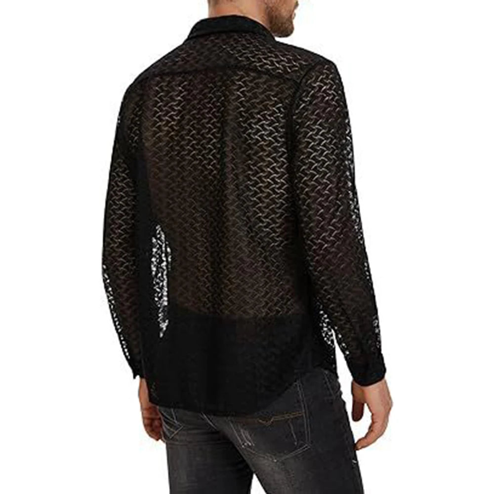 Threebooy Mens Sexy See-Through Casual Long-Sleeved Shirt Genderless Simple Thin Basic Versatile Loose Solid Color Printed Top Unisex