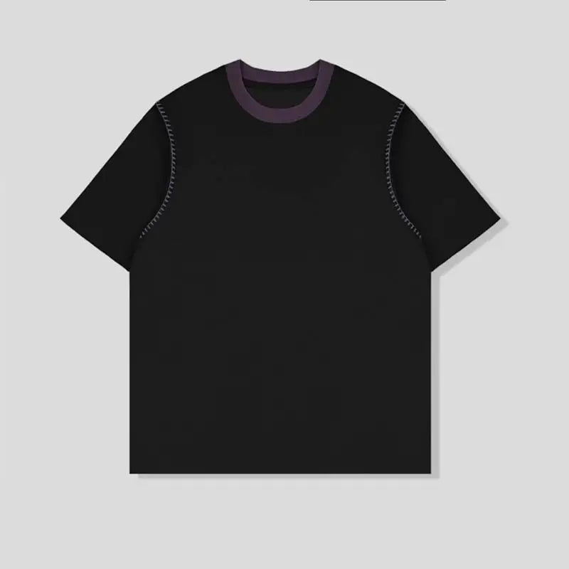 Threebooy  Men Cotton Tshirt Round Neck Contrast Collar Loose Fit Streetwear Summer Tee Shirt Breathable Soft Casual Comfort Mens Clothing