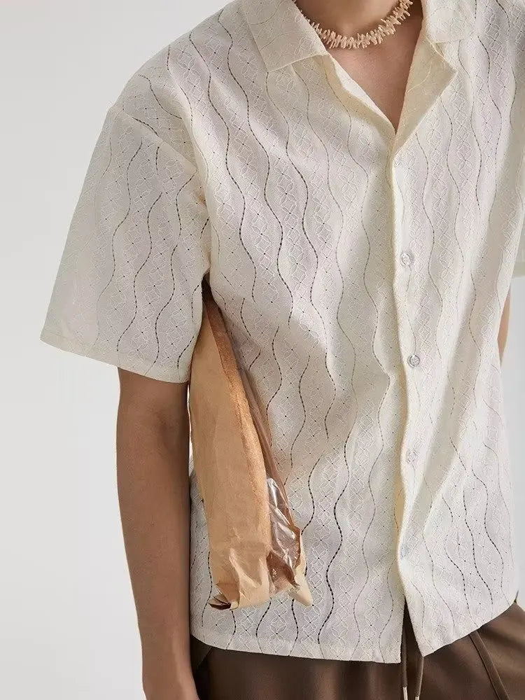 Threebooy Men's White Summer Hollow Out Short Sleeve Shirt Knitted Jacket Shirts For Men Vintage Vacation Blouse
