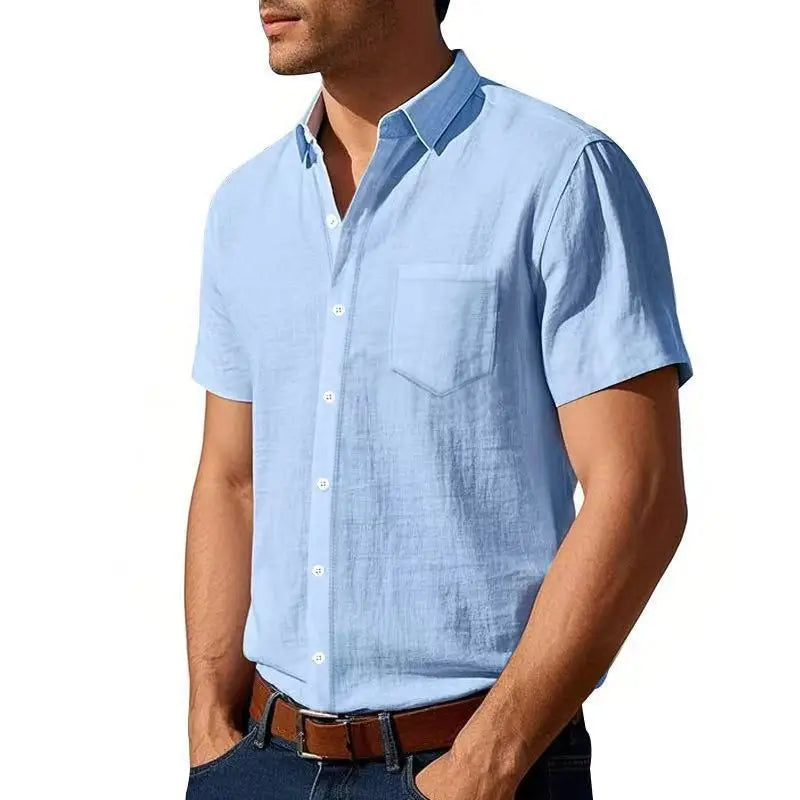 Threebooy Summer Solid Cotton Linen Lapel Short Sleeved Shirt For Men Casual Pocket American Style Shirts And Blouses