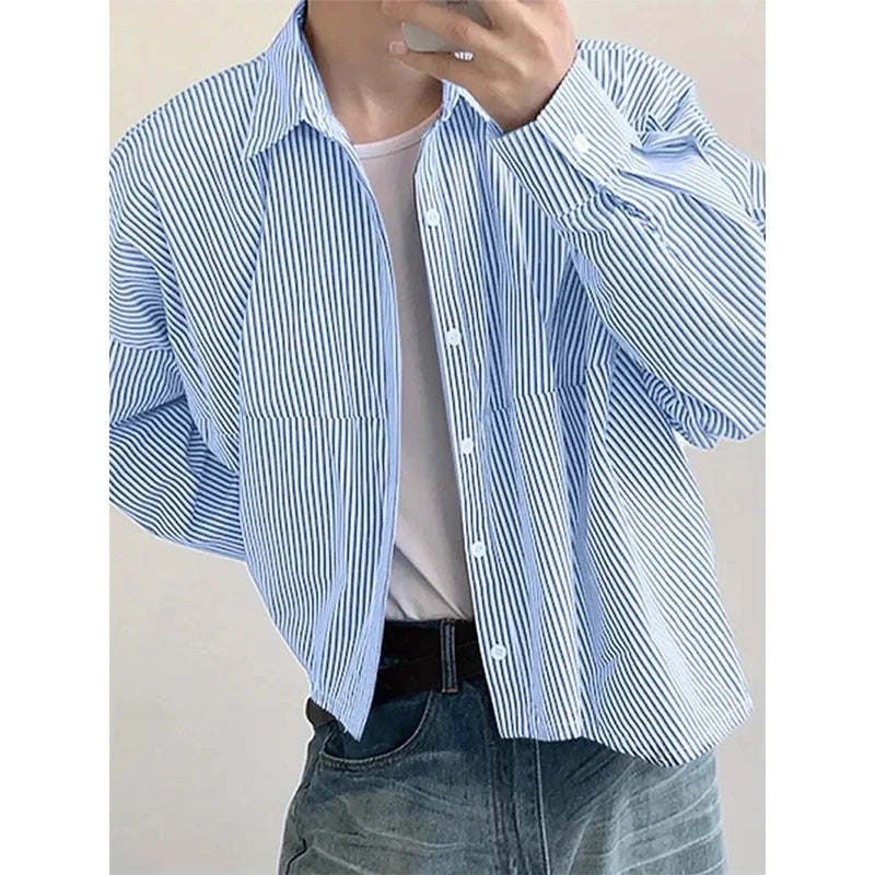 Threebooy  New Japanese Trendy Men Shirts Light Luxury Textured Lapel Striped Long Sleeve Cardigan Tops Leisure Premium Loose Blouse M-2XL