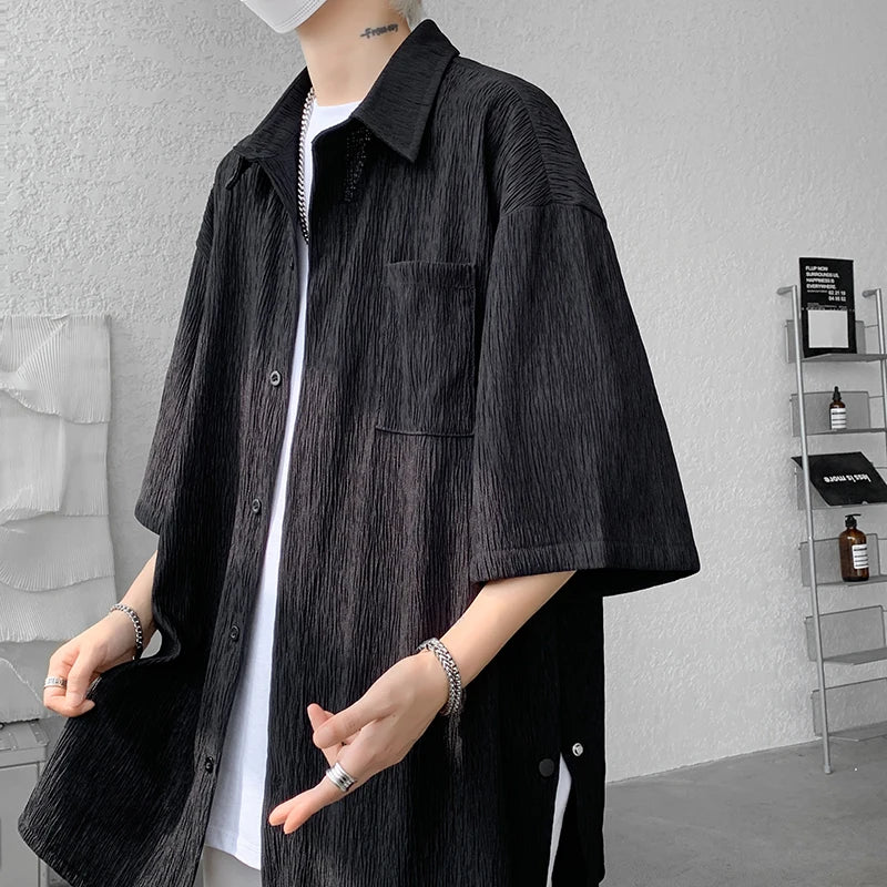 Threebooy Wine Red Side Buttons Pleated Shirt Black Apricot Harajuku Button Up Korean Short Sleeve Aesthetic Male Shirts Men Blouse