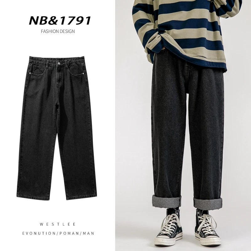 Threebooy  Korean Fashion Men's Baggy Jeans Classic All-match Solid Color Straight-leg Denim Wide-leg Pants Male Light Blue Grey Black