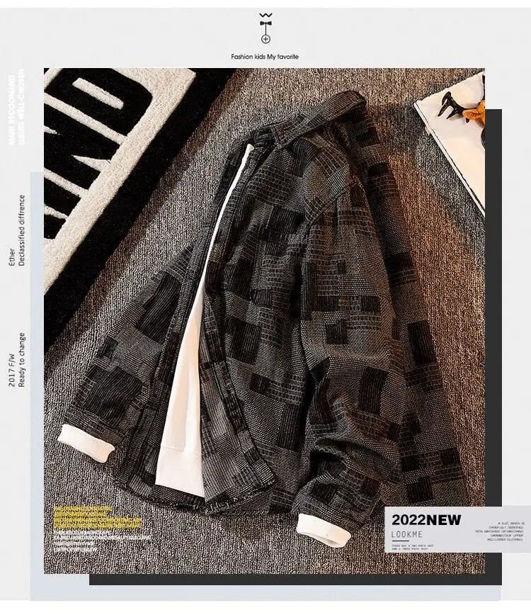 Threebooy Plaid Shirt Men's High-end Fashion Top Hong Kong Style Long-sleeved Loose Handsome Trendy Retro Shirt Casual Jacket Aesthetic