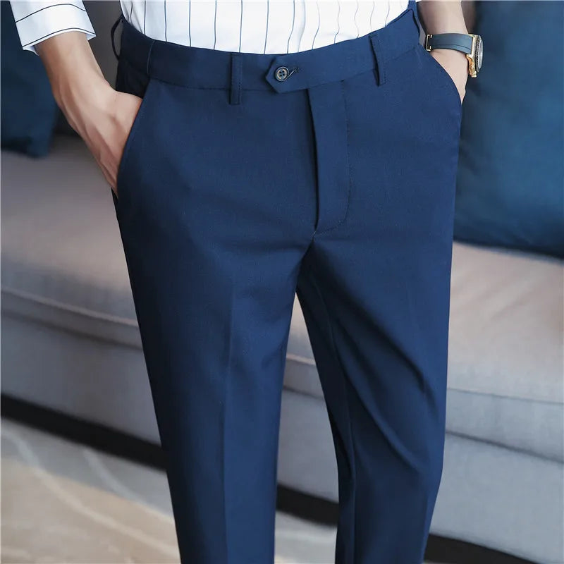 Threebooy British Style New Solid High Waist Suit Pant Men Business Formal Wear Trousers High Quality Slim Casual Office Suit Pants 28-38